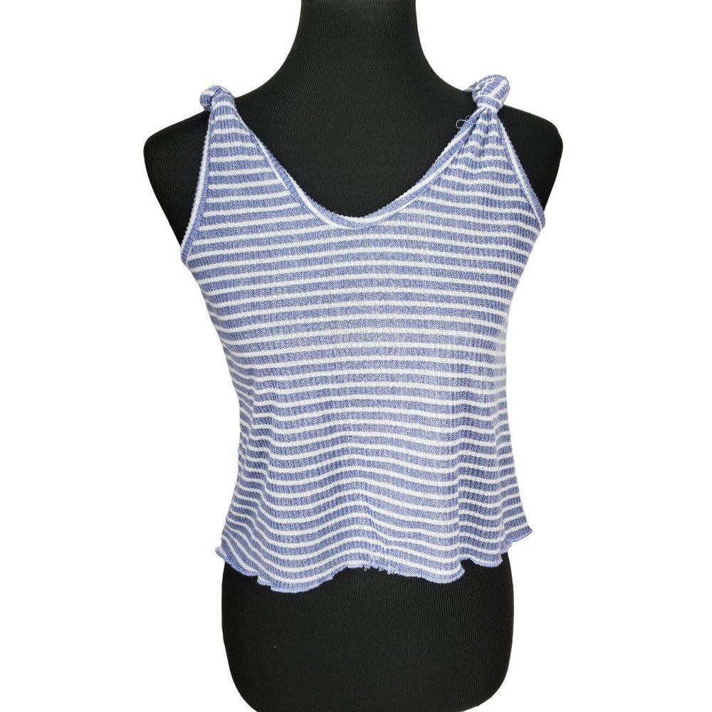 Style 5 Blue White Striped Knotted Shoulders Cropped Size Large Tank Top